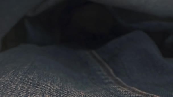 Macro de tissu de jeans glissant sur le côté. Matières textiles. 