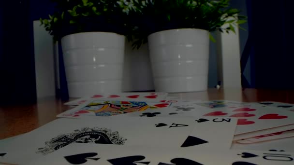 Close Heap Playing Cards Table Home — Stock Video
