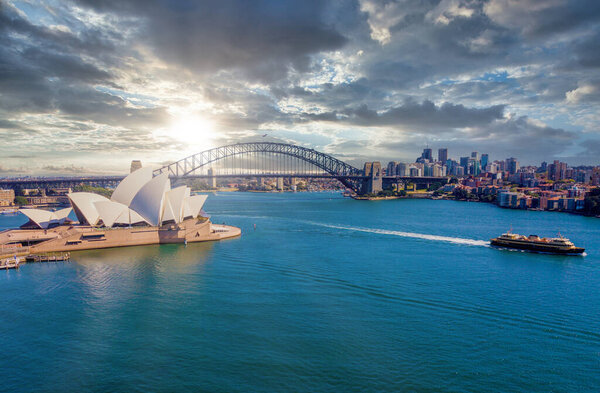 June 20, 2020. Sydney, Australia. Beautiful aerial view of the Sydney city from above with Harbour bridge, Opera house and the harbour.