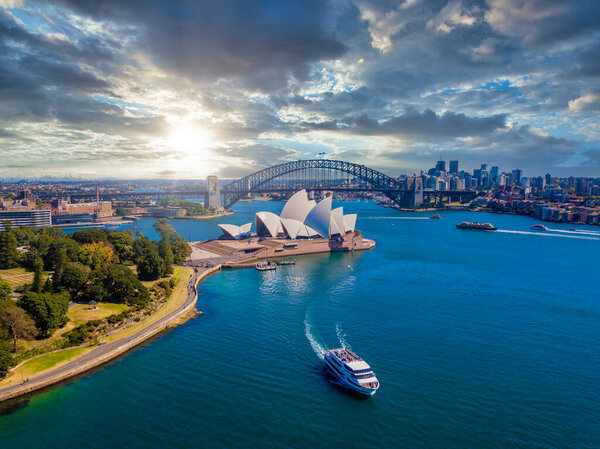 June 20, 2020. Sydney, Australia. Beautiful aerial view of the Sydney city from above with Harbour bridge, Opera house and the harbour.