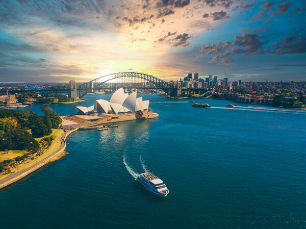 June 20, 2020. Sydney, Australia. Beautiful aerial view of the Sydney city from above with Harbour bridge, Opera house and the harbour.