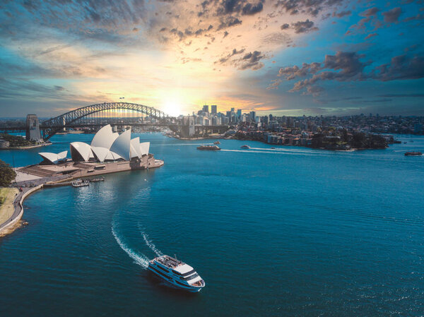 June 20, 2020. Sydney, Australia. Beautiful aerial view of the Sydney city from above with Harbour bridge, Opera house and the harbour.