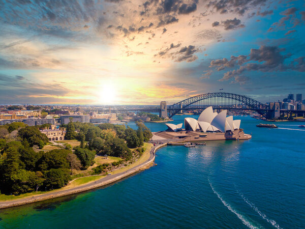 June 20, 2020. Sydney, Australia. Beautiful aerial view of the Sydney city from above with Harbour bridge, Opera house and the harbour.