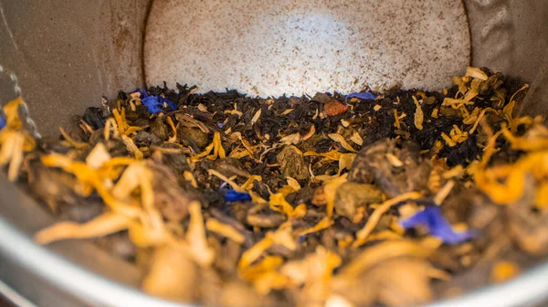 Macro View Tea Grains Jar Wooden Table — Stock Photo, Image