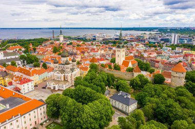 Tallinn, Estonya 'nın Baltık bölgesinde bir ortaçağ şehridir. Eski Tallinn şehrinin turuncu çatıları ve dar caddeleri var..