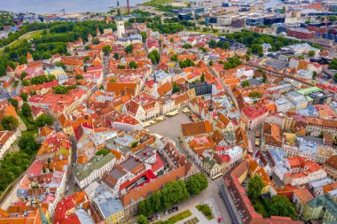 Tallinn, Estonya 'nın Baltık bölgesinde bir ortaçağ şehridir. Eski Tallinn şehrinin turuncu çatıları ve dar caddeleri var..