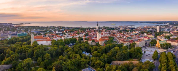 Tallinn is a medieval city in Estonia in the Baltics. Aerial view of the old town of Tallinn with orange roofs and narrow streets below.