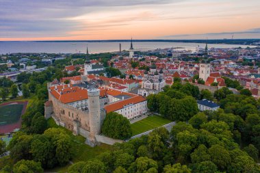 Tallinn, Estonya 'nın Baltık bölgesinde bir ortaçağ şehridir. Eski Tallinn şehrinin turuncu çatıları ve dar caddeleri var..