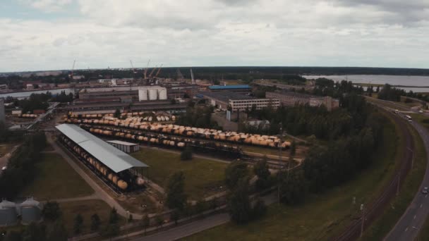 Comboios Carga Perto Vista Aérea Trens Carga Coloridos Estação Ferroviária — Vídeo de Stock