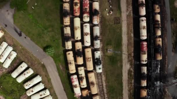 Trenes Carga Cerca Vista Aérea Trenes Mercancías Colores Estación Tren — Vídeos de Stock