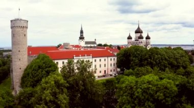 Eski Tallinn şehrinin turuncu çatıları ve dar caddeleri var..