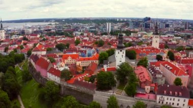 Eski Tallinn şehrinin turuncu çatıları ve dar caddeleri var..