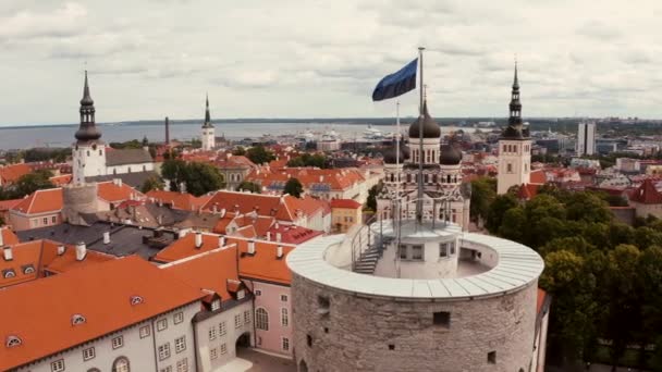 Bandeira Estoniana Vento Sobre Cidade Velha Tallinn — Vídeo de Stock
