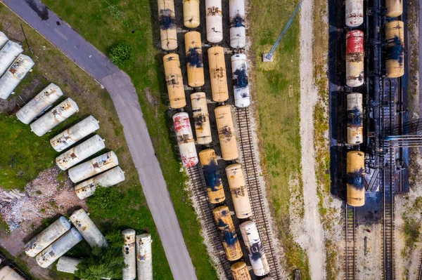 Riga Letonya Temmuz 2020 Kargo Trenlerinin Üst Hava Görüntüsü Tren — Stok fotoğraf