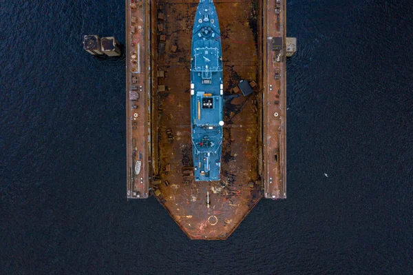 Riga Latvia July 2020 Aerial View Military Ship Being Repaired — Stock Photo, Image