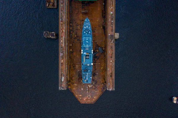 Riga Latvia July 2020 Aerial View Military Ship Being Repaired — Stock Photo, Image