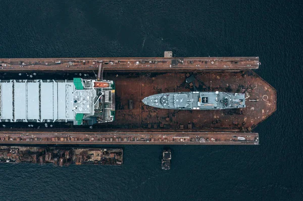 Riga Latvia July 2020 Aerial View Military Ship Being Repaired — Stock Photo, Image