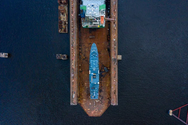 Riga Latvia July 2020 Aerial View Military Ship Being Repaired — Stock Photo, Image