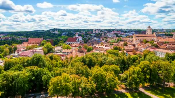 Прекрасная Летняя Панорама Старого Города Вильнюса Большими Облаками Голубом Небе — стоковое видео