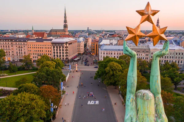 Riga July 2020 Amazing Aerial View Statue Liberty Milda Riga — Stock Photo, Image