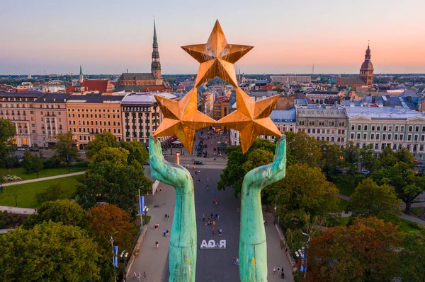 Riga July 2020 Amazing Aerial View Statue Liberty Milda Riga — Stock Photo, Image