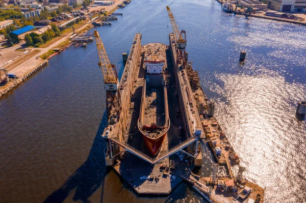 Aerial View Ship Floating Dry Dock Repair Sandblasting Riga Latvia — Stock Photo, Image