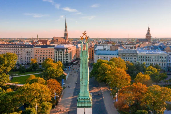 Riga Latvia Jule 2020 Aerial View Freedom Monument Milda Guards — Stock Photo, Image