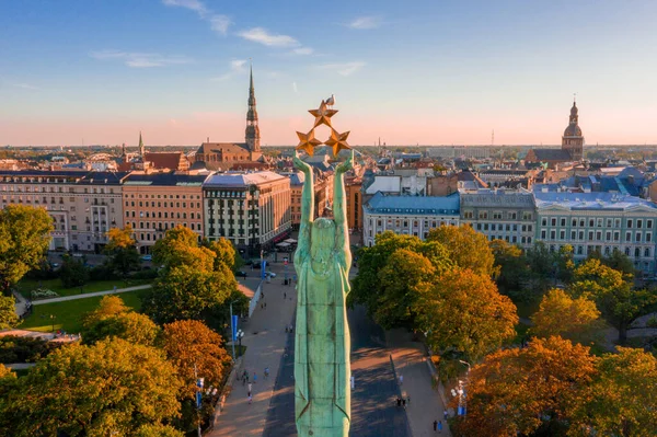 Riga Latvia Jule 2020 Aerial View Freedom Monument Milda Guards — Stock Photo, Image