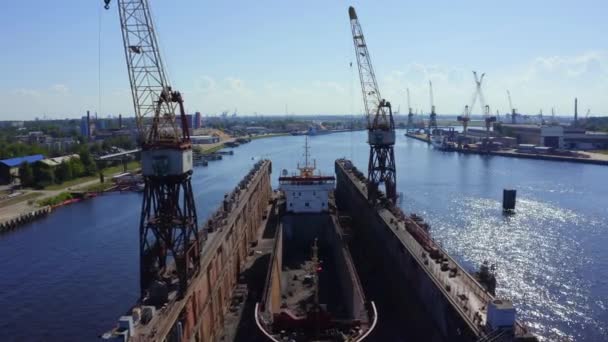 Aerial View Ship Floating Dry Dock Repair Sandblasting Riga Latvia — Stock Video