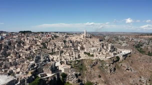 Повітряний Панорамний Вид Стародавнього Міста Матера Sassi Matera Красивому Золотому — стокове відео