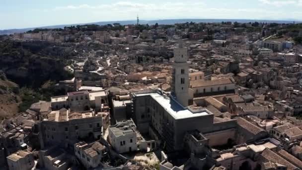 Повітряний Панорамний Вид Стародавнього Міста Матера Sassi Matera Красивому Золотому — стокове відео