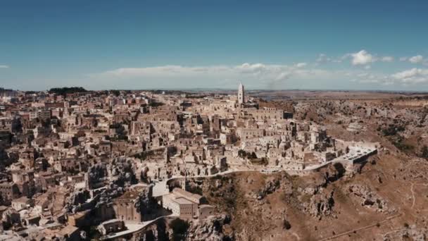 Luftaufnahme Der Antiken Stadt Matera Sassi Matera Wunderschönen Goldenen Morgenlicht — Stockvideo