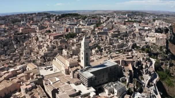 Aerial Panoramic View Ancient Town Matera Sassi Matera Beautiful Golden — Stock Video