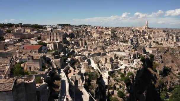Aerial Panoramic View Ancient Town Matera Sassi Matera Beautiful Golden — Stock Video