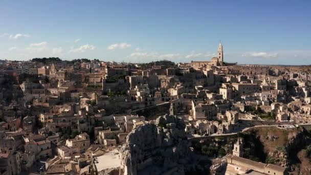 Letecký Panoramatický Výhled Starobylé Město Matera Sassi Matera Krásném Zlatém — Stock video