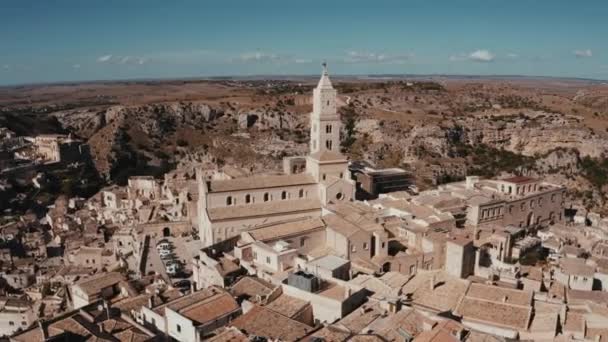 Luftaufnahme Der Antiken Stadt Matera Sassi Matera Wunderschönen Goldenen Morgenlicht — Stockvideo
