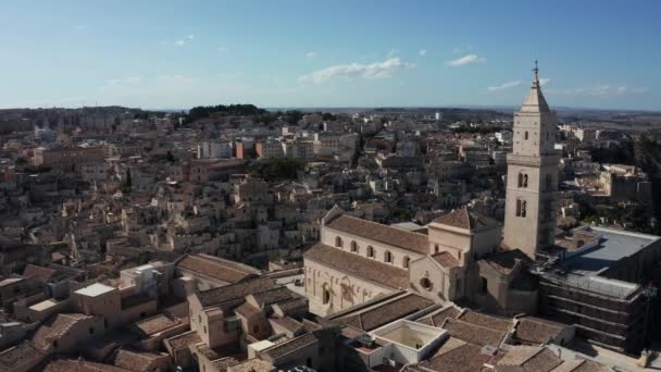 Повітряний Панорамний Вид Стародавнього Міста Матера Sassi Matera Красивому Золотому — стокове відео