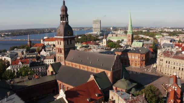 Hermosa Vista Aérea Riga Desde Arriba Vista Catedral Peters Casa — Vídeo de stock