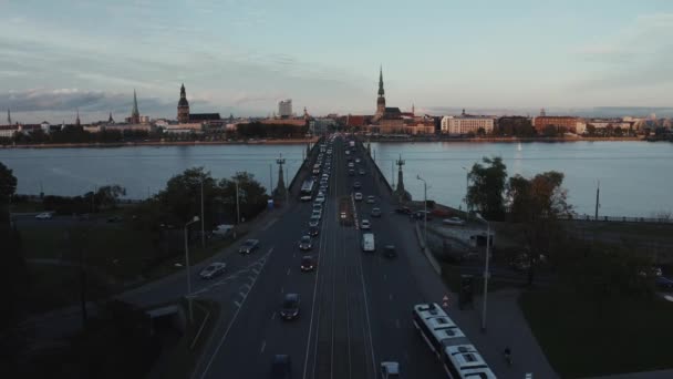 Riga Latvia July 2020 Air View Riga Traffic Sunset National — 图库视频影像