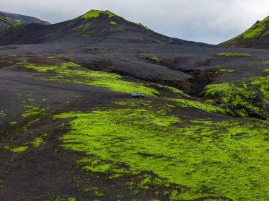 Canlı yeşil yosun, merkezinde küçük bir araç bulunan İzlanda 'daki karanlık volkanik araziyi kaplar. Yuvarlanan tepeler ve bulutlu gökyüzü engebeli manzarayı çerçeveliyor.