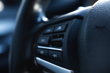 BMW X6 direksiyon simidinin detaylı görüntüsü ses, şerit tutma desteği ve dokulu deri ve metal aksanlı sürüş fonksiyonlarını gösteren kontrol düğmelerini gösterir.