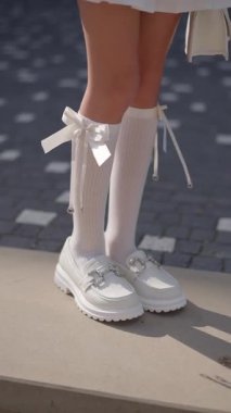 Şık beyaz ayakkabılar, kurdeleler ve diz çorapları, zarif ayakkabılar modern moda ayrıntıları, açık hava yaşam tarzı moda kıyafetlerinin pruva tasarımlı kadın aksesuarları.