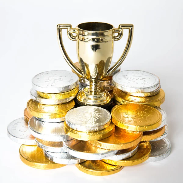 Success Victory Concept Gold Trophy Cup Surrounded Gold Silver Coins — Stock Photo, Image