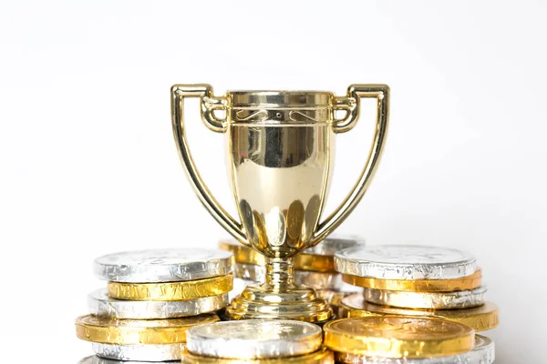 Success Victory Concept Gold Trophy Cup Surrounded Gold Silver Coins — Stock Photo, Image