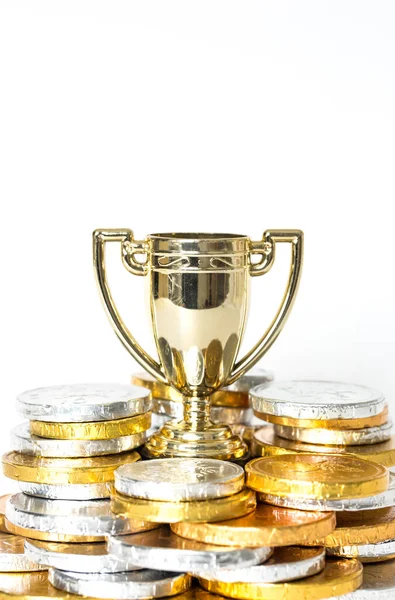 Success Victory Concept Gold Trophy Cup Surrounded Gold Silver Coins — Stock Photo, Image