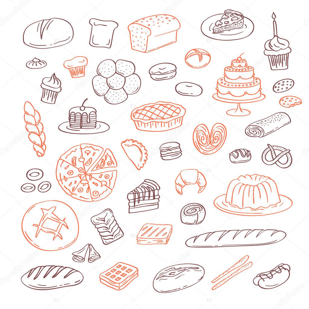 Vector hand drawn doodle bakery elements set isolated on white background
