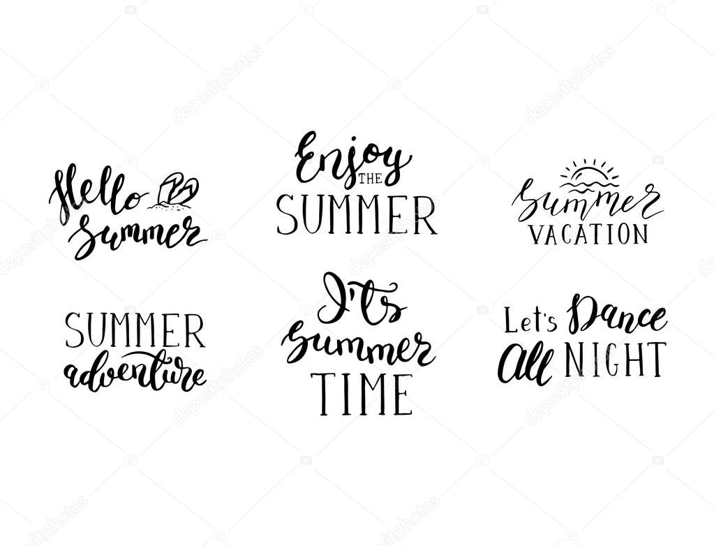 Vector summer lettering phrases set for postcards and posters isolated. Handwriting monochrome text quotes for summer holiday, party, fun and adventure. Calligraphy hand drawn writing set. Hand drawn