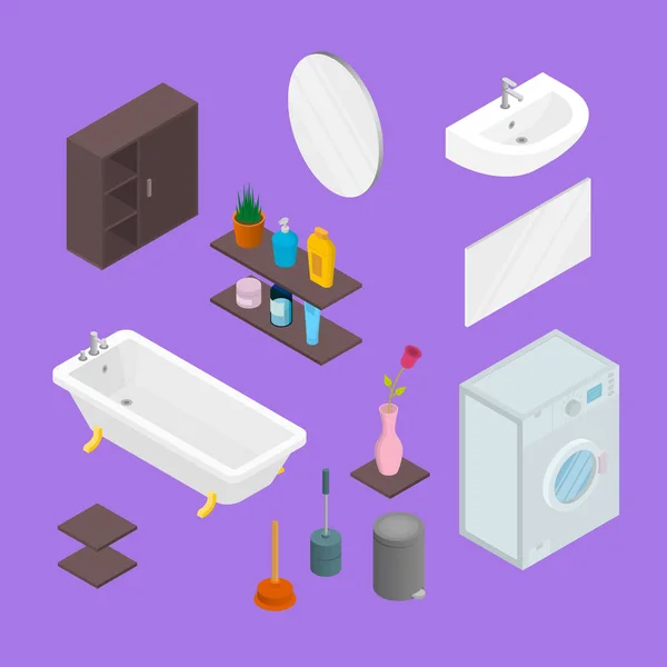 Muebles isométricos de baño vectorial conjunto de elementos interiores. Elementos de inodoro y equipo aislados sobre fondo liso — Vector de stock