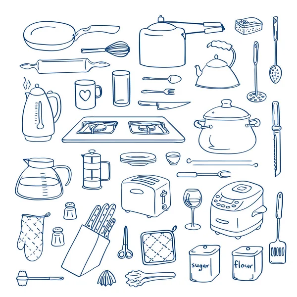 Vetor mão desenhada utensílios de cozinha doodle ícones conjunto ilustração —  Vetores de Stock