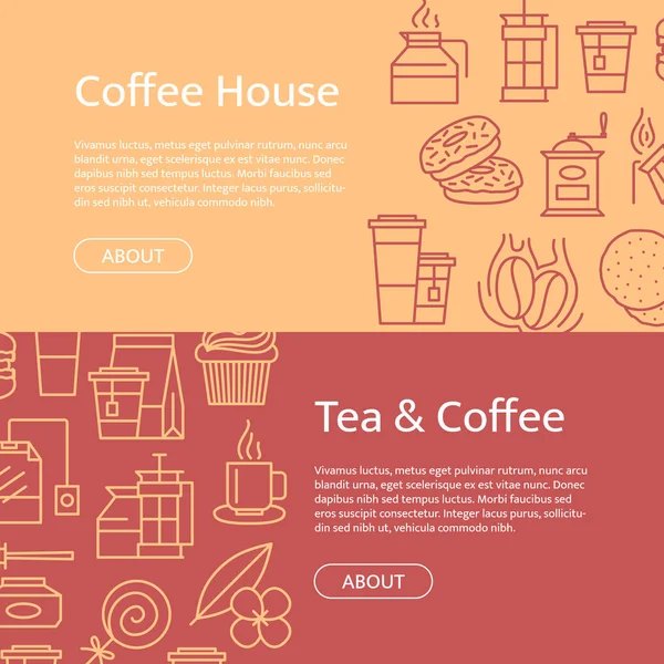 Iconos lineales de té y café vectorial banner web horizontal plantillas ilustración — Vector de stock